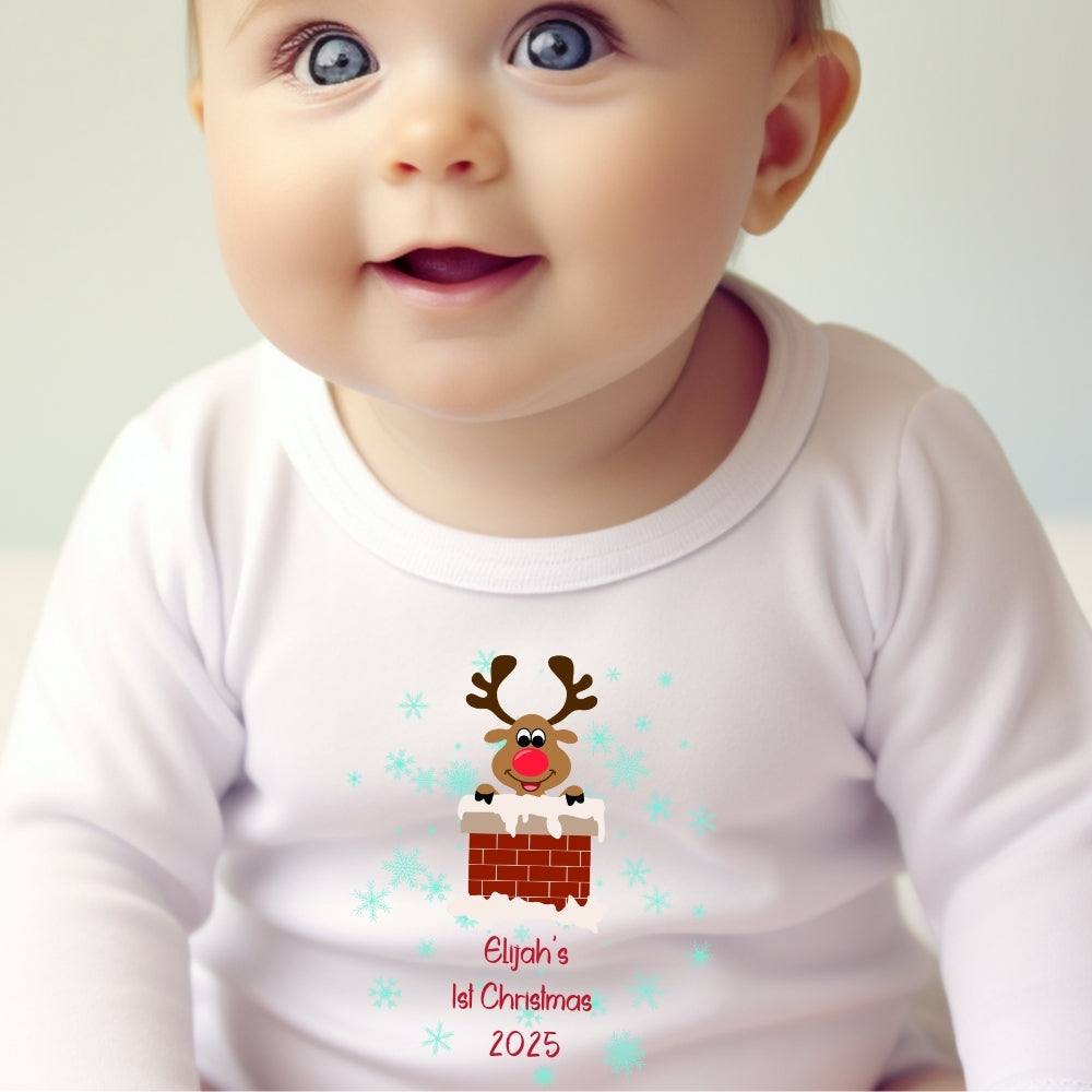 Personalised 1st Christmas Rudolph Babygrow | Name Vest or Bib UK