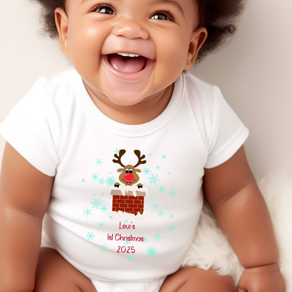 Personalised 1st Christmas Rudolph Babygrow | Name Vest or Bib UK