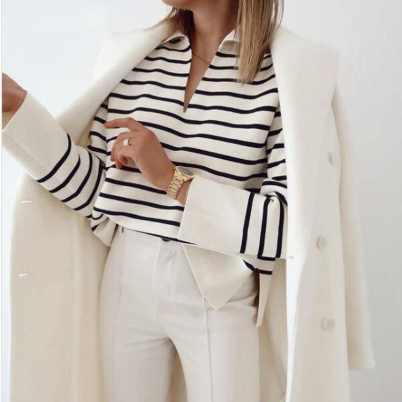 Knitted Women Black White Plaid Long Sleeve Sweater V-neck