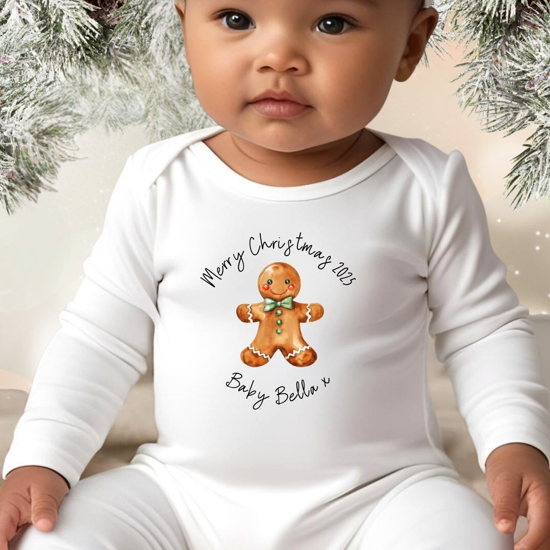 Personalised Christmas Gingerbread Baby Grow, Vest or Bib with Name