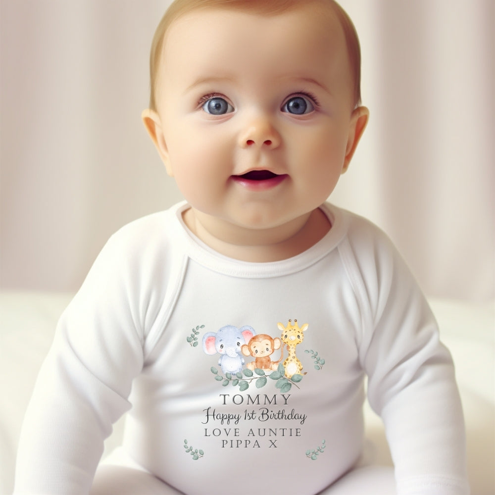 Personalised Boys Safari Animals Baby Grow, Vest or Bib with Name