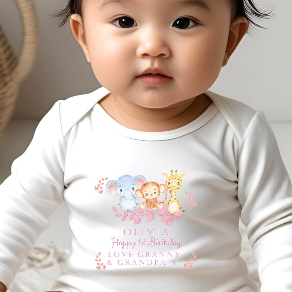 Personalised Pink Safari Animals Baby Grow, Vest or Bib with Name