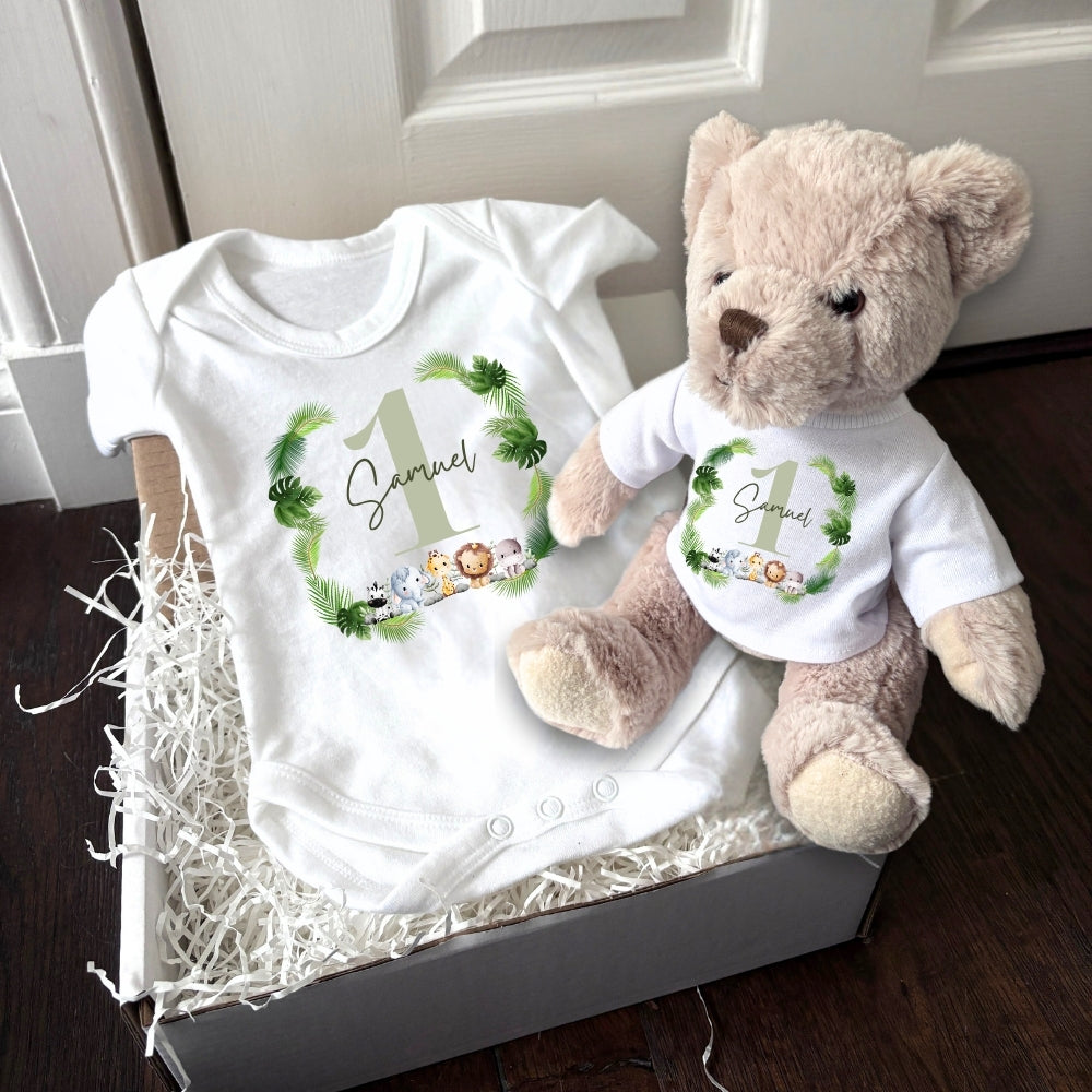 Personalised Green Boys 1st Baby Gift Hamper - Teddy & Vest