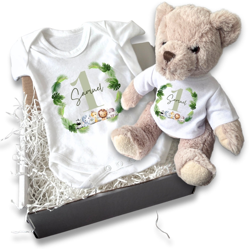 Personalised Green Boys 1st Baby Gift Hamper - Teddy & Vest