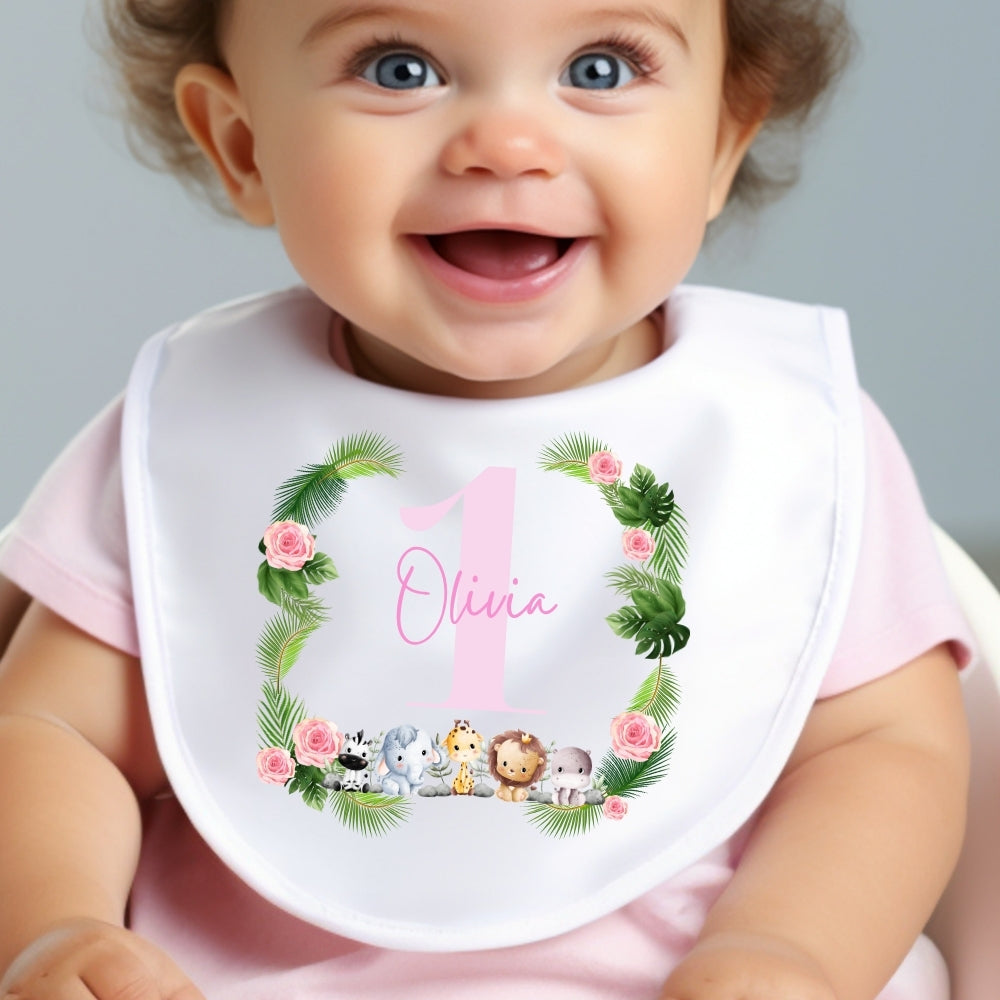 Personalised Pink Safari Animals Baby Grow, Vest or Bib with Name