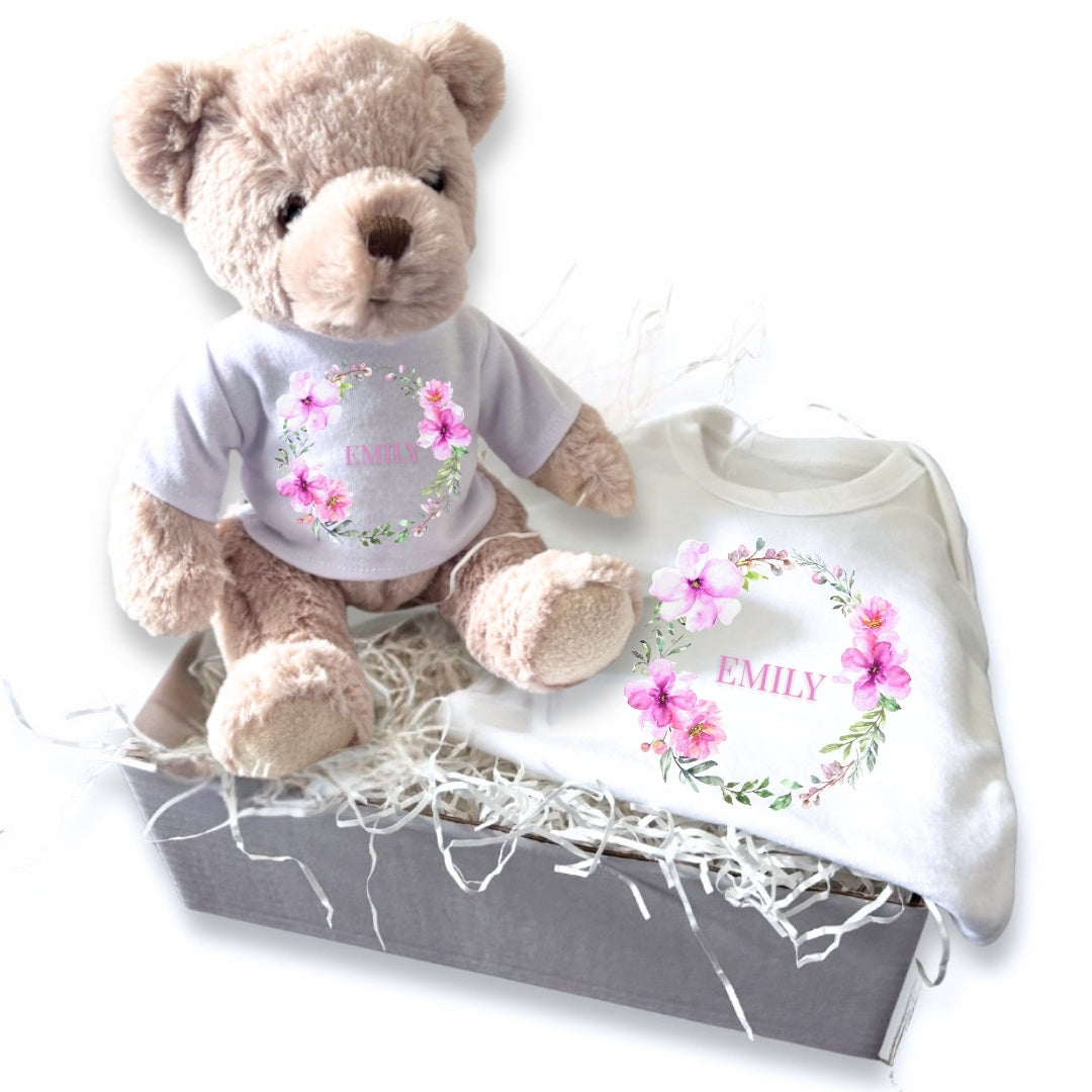 Personalised Pink Flower Wreath Baby Gift Hamper - Teddy & Vest
