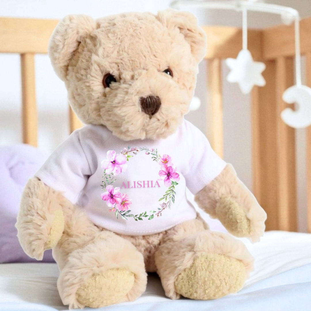 Personalised Luxury Teddy Bear with Pink Flower Wreath T-Shirt