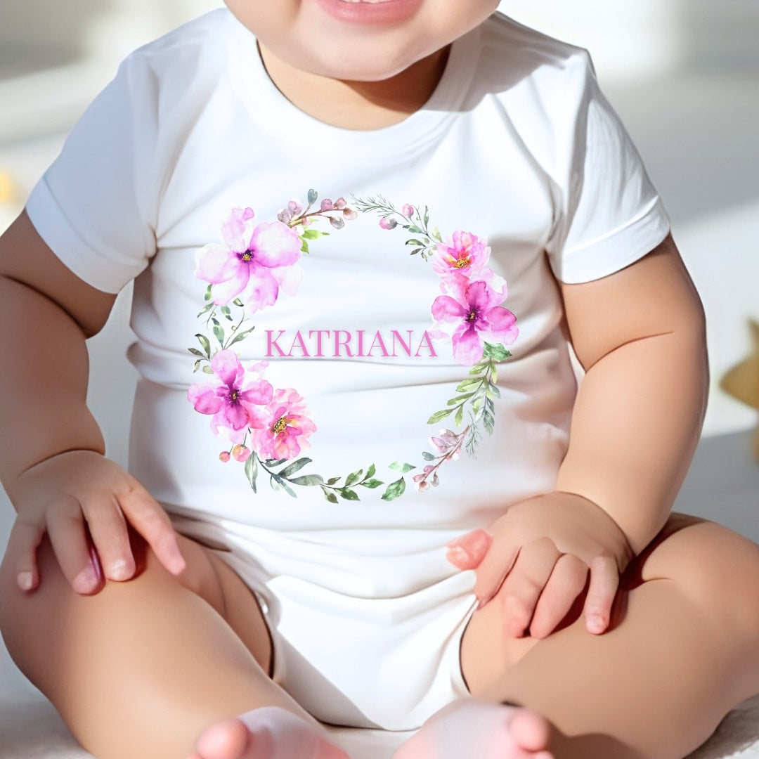 Personalised Pink Flower Wreath Baby Gift Hamper - Teddy & Vest