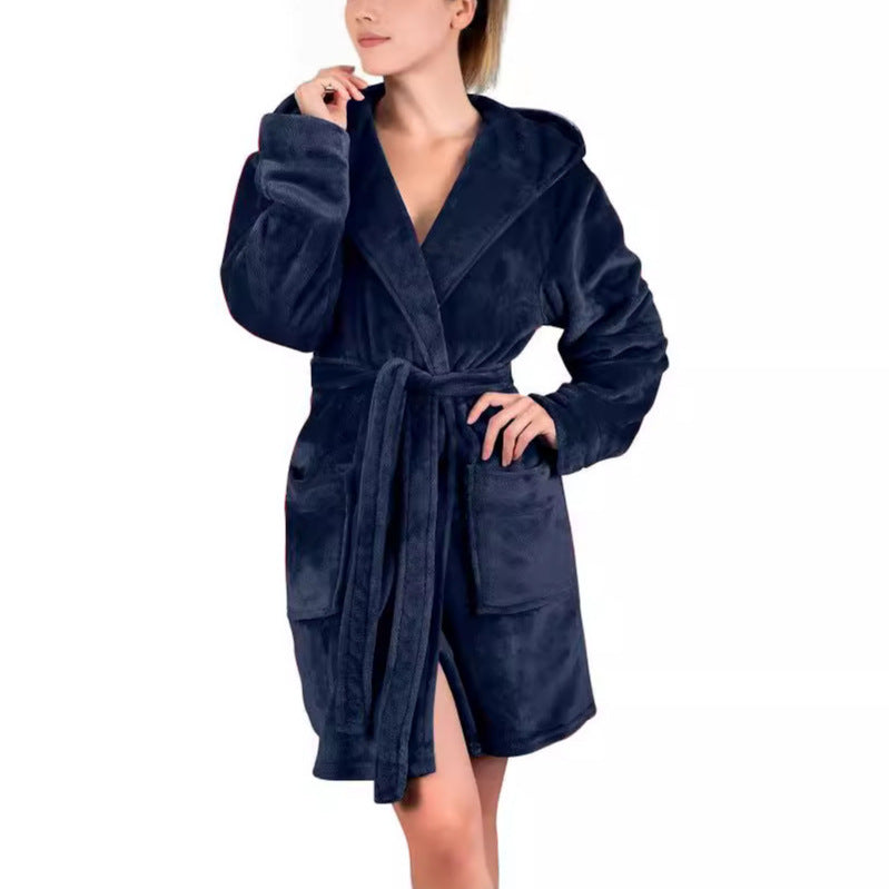 Flannel Plush Solid-color Hooded Thermal Pajamas