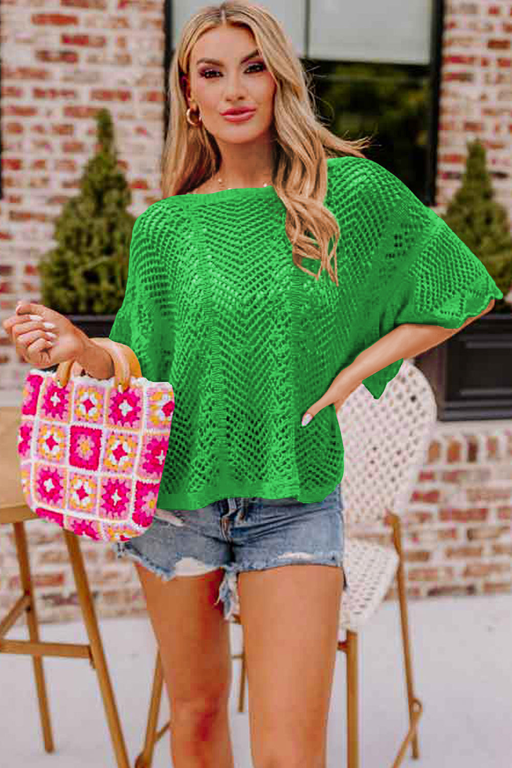 Green Pointelle Knit Scallop Trim Blouse Women UK