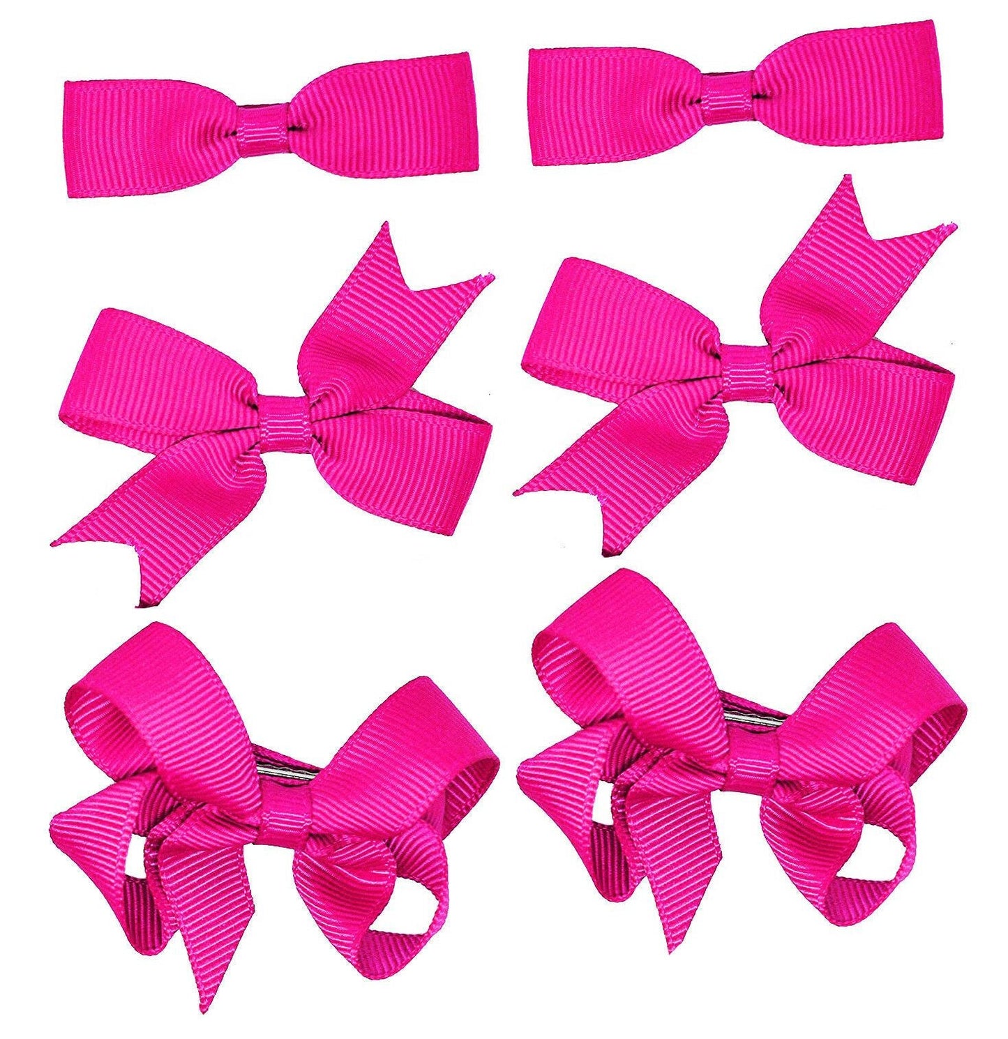 6 PIECE /3 Pairs SET Girls Small Hair Bows Grosgrain Ribbon Clips School Colours[Fuchsia]