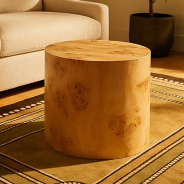 Natural Burl Wood Round Side Table with Drum Shape Design, Mota