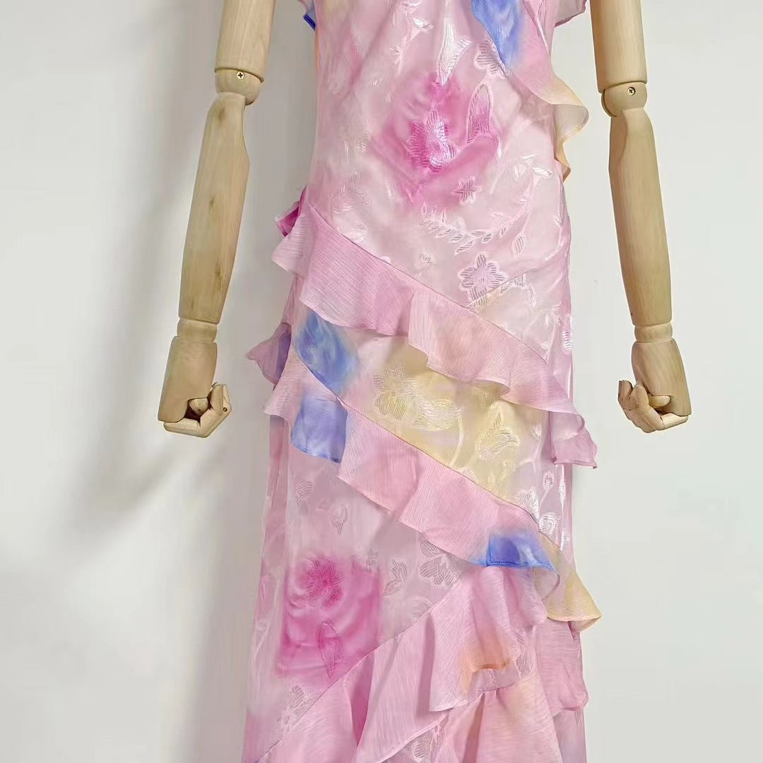 V-neck Strap Printed Backless Slim Fit Ruffled Dress