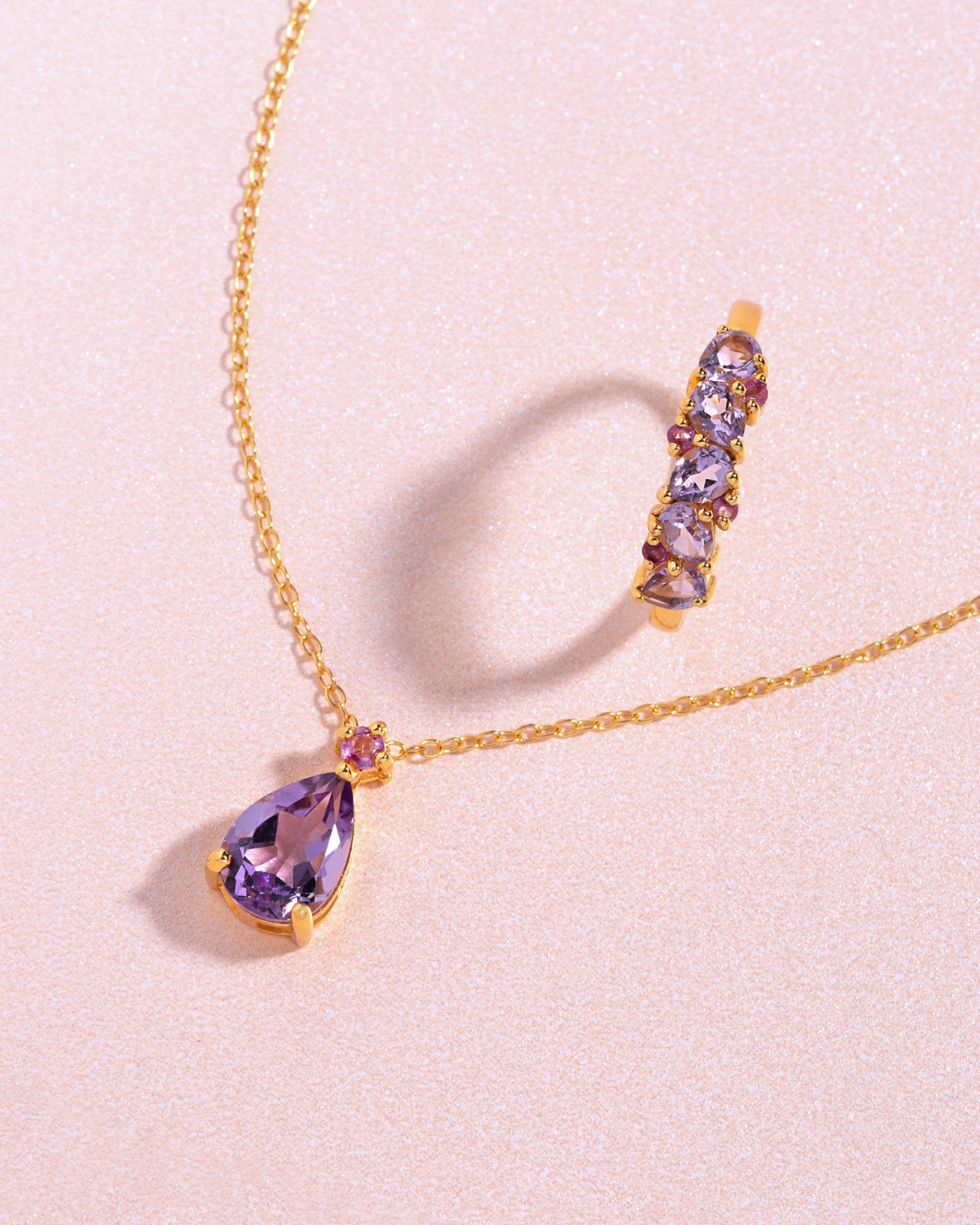 Pink Ruby & Amethyst Pear Cut Pendant Necklace in 18k Gold Vermeil