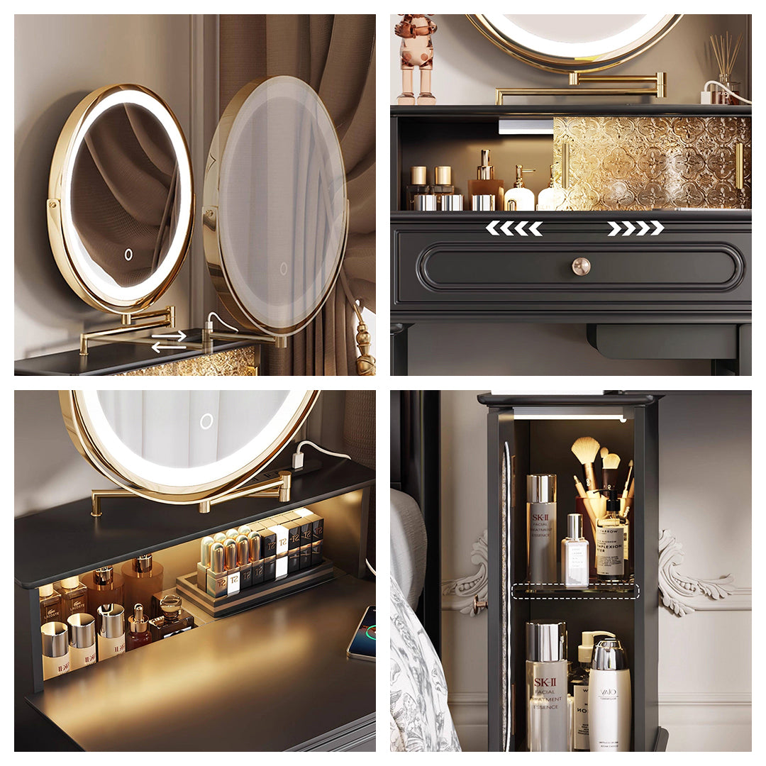 Scarlett Dressing Table With Side Cabinet & LED Mirror