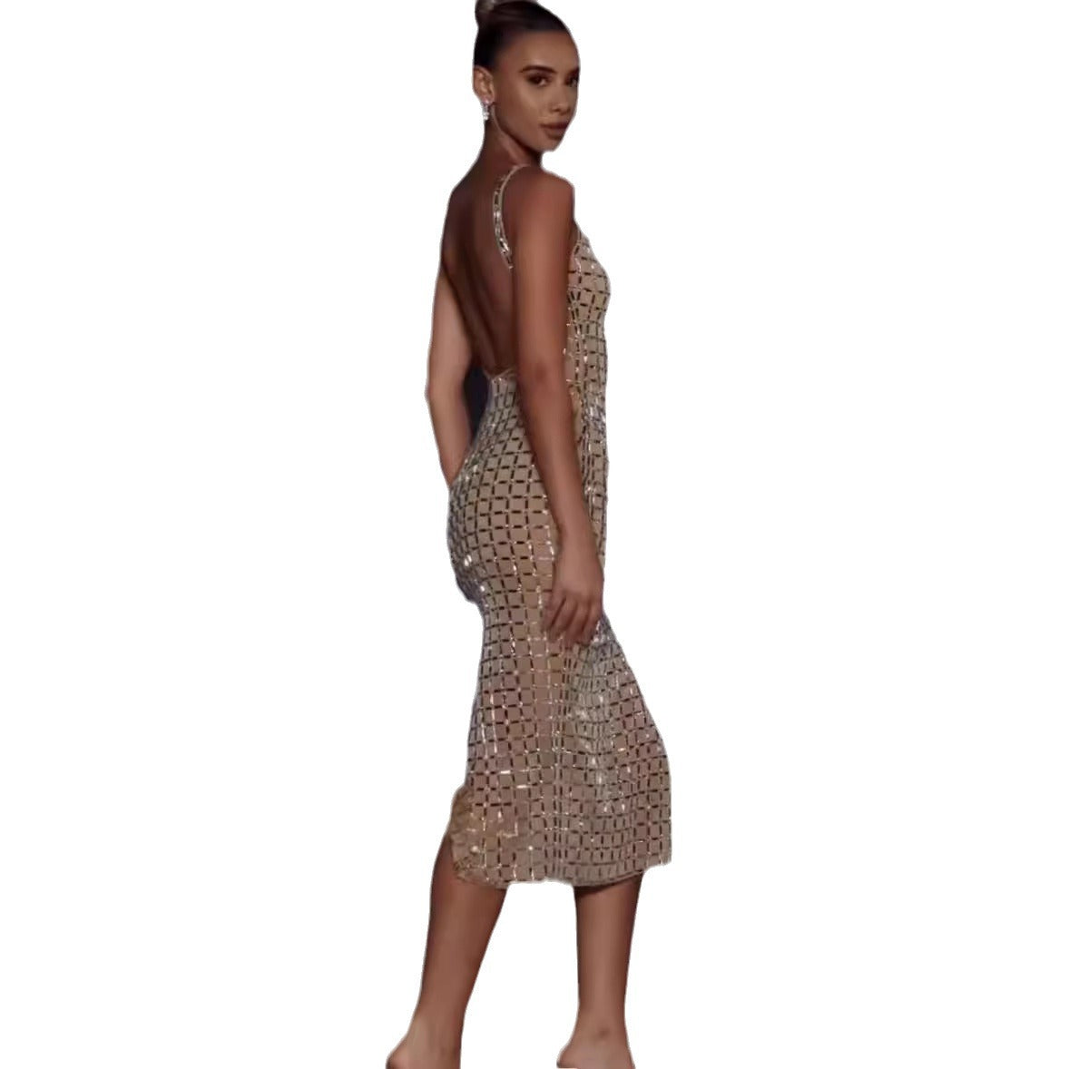 V-neck Irregular Backless Cutting Piece Hot Drilling Dress