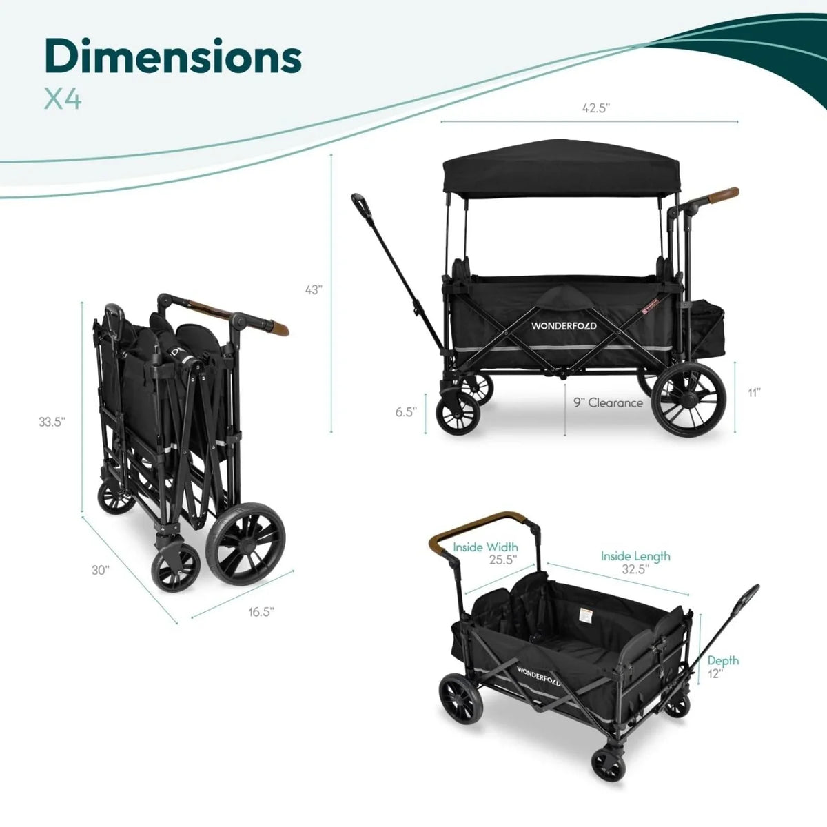 Wonderfold X4R Push and Pull Quad Stroller Wagon - Sapphire Navy