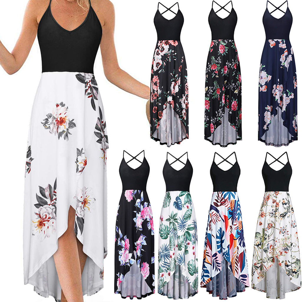 V-neck Strap Sleeveless Backless Color-matching Dress