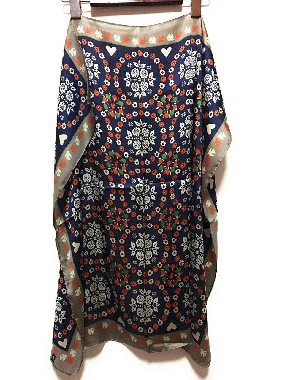 Big Square Ladies Womans Faux Silk Head Neck Thin Scarf Bag Charm - 70cm x 70cm[Navy Flower Motif]