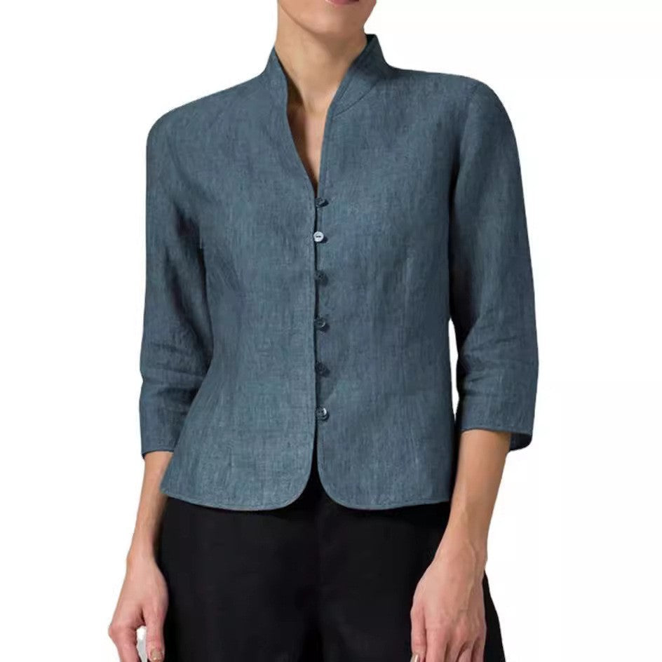 Slim Three-quarter Sleeve Button Jacket INS Fashion V-neck Stand Collar Outwear Tops Solid Color Clothing For Women