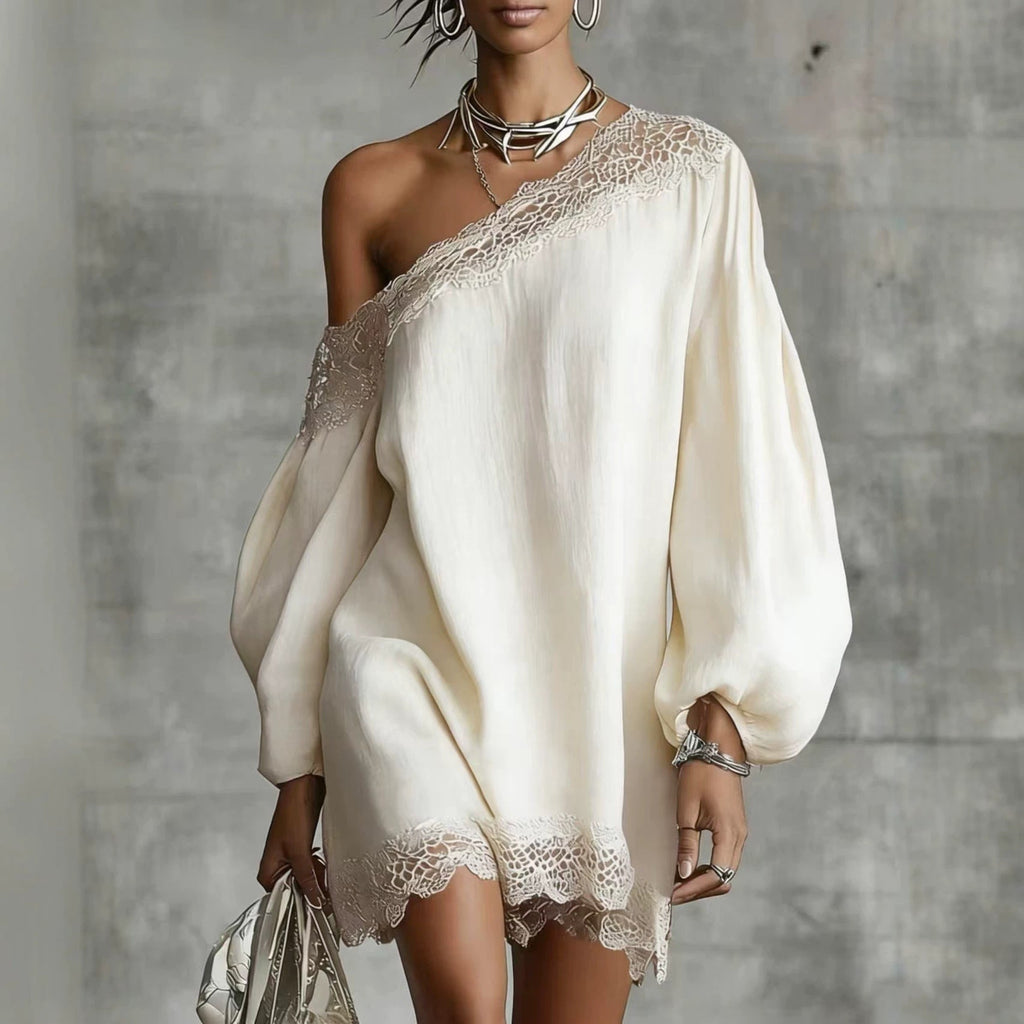 Solid-color Lace-trimmed Casual Off-shoulder Long-sleeve Top