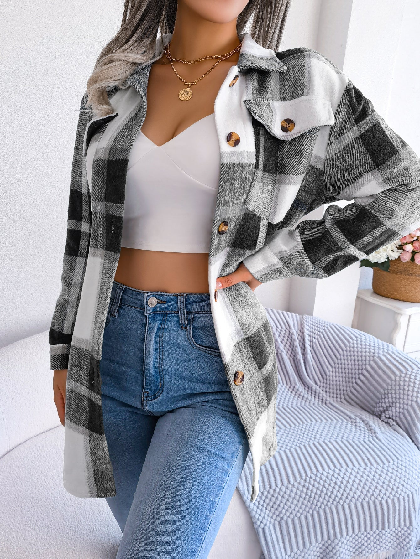 Women's Color-Blocked Plaid Long Sleeve Tie-Waist Thick Tweed Coat