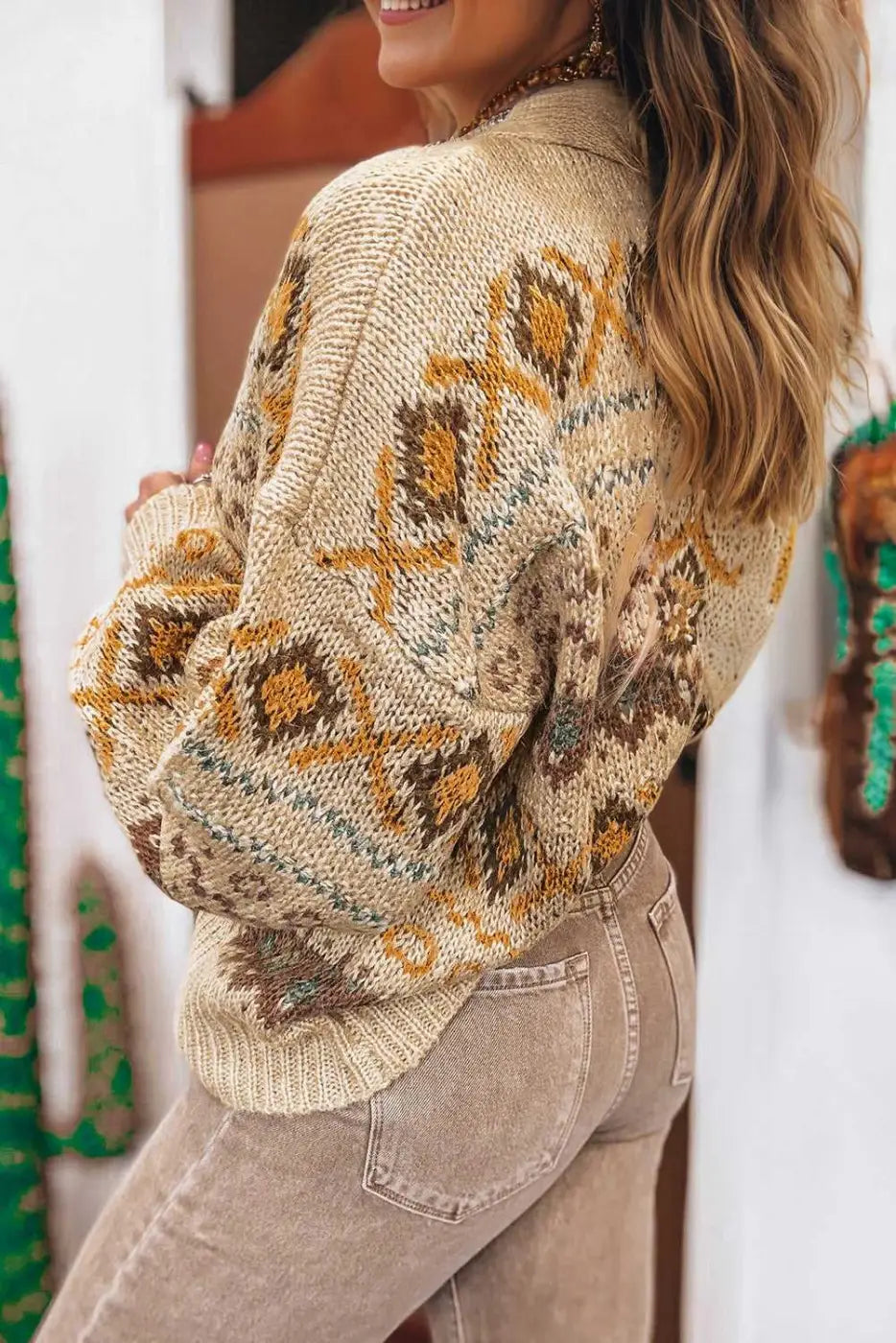 Khaki Western Pattern Knit Cardigan Women UK