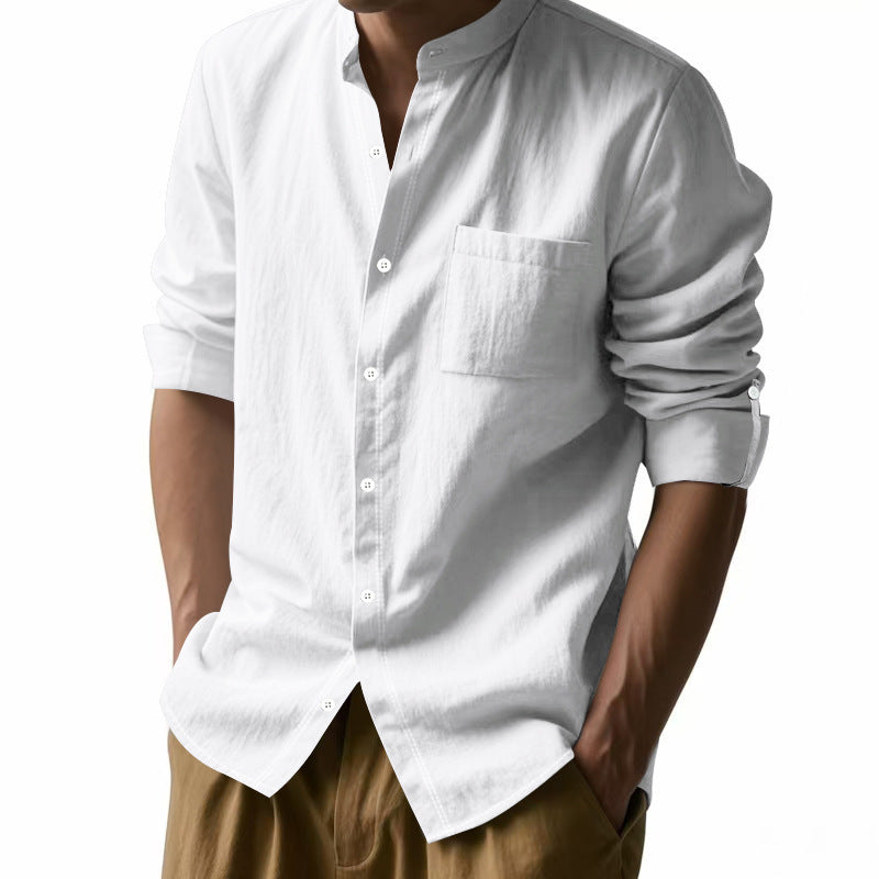 Long Sleeve Stand Collar Shirt With Pockets Casual Men's Clothing