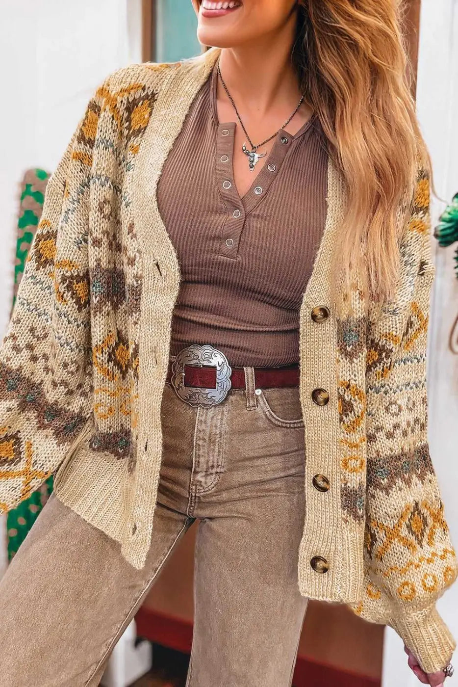 Khaki Western Pattern Knit Cardigan Women UK