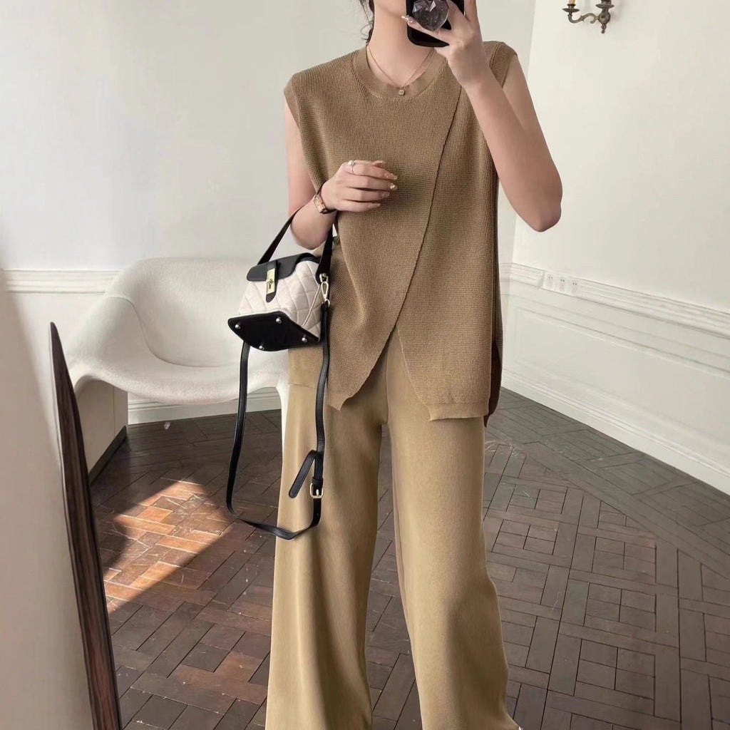 Sleeveless Crew-Neck Slim-Fit Striped Knit Top And Wide-Leg Pants Set