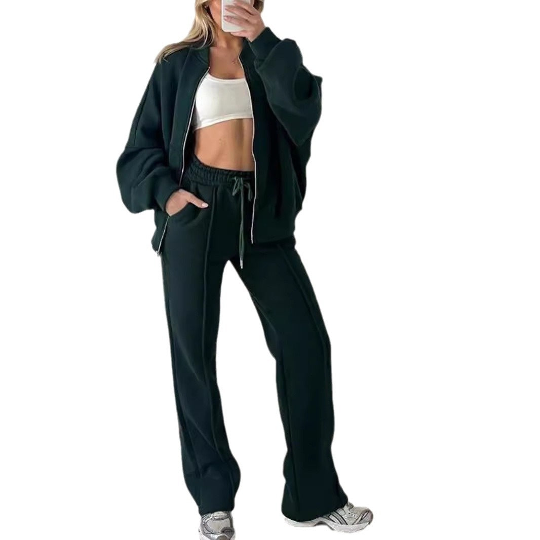 Fashion Casual Solid Color Long-sleeved Sweater Zipper Trousers Two-piece Set