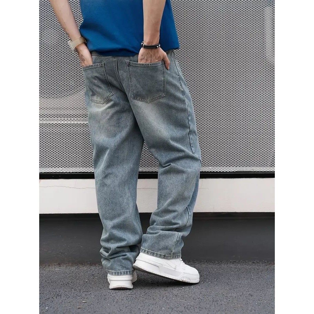 Men'S Casual Straight Wash Jeans - Light Blue Loose Fit Ob