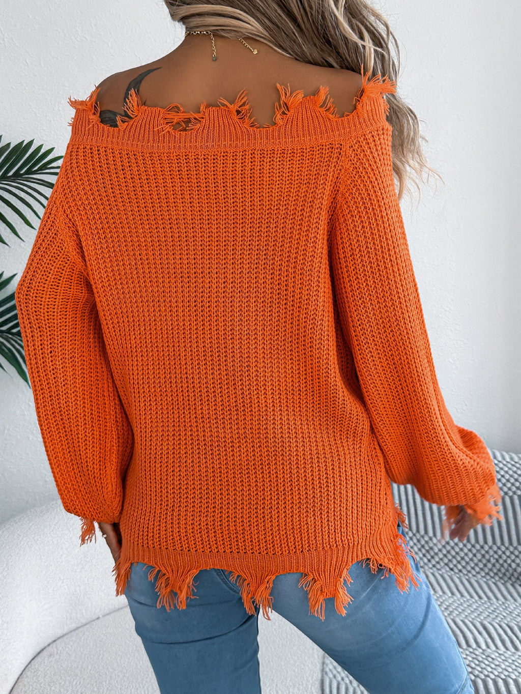 Women Solid Color Hollow Out Long Sleeve Distressed Off-Shoulder Pullover Sweater