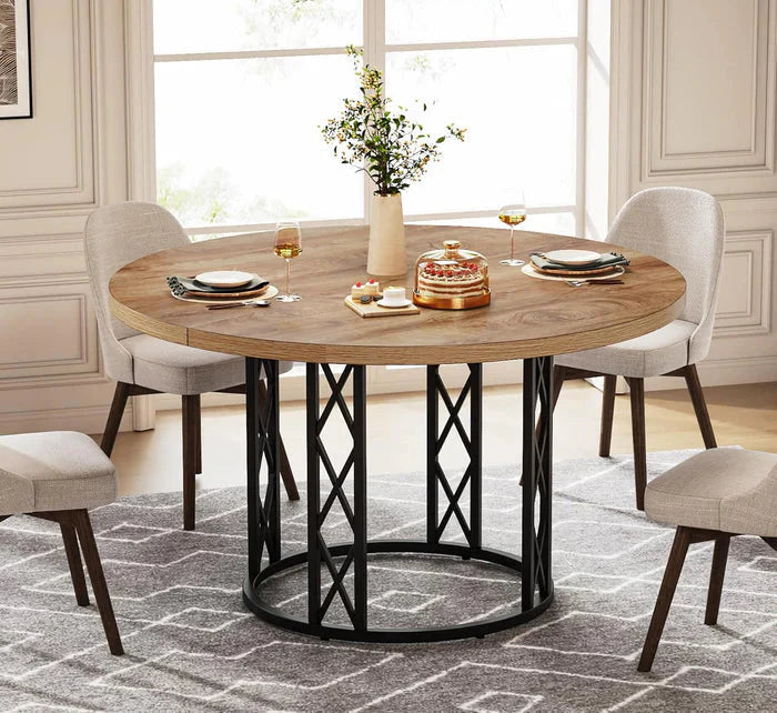 Industrial Round Dining Table - Rustic Wood Top with X-Frame Metal Pedestal