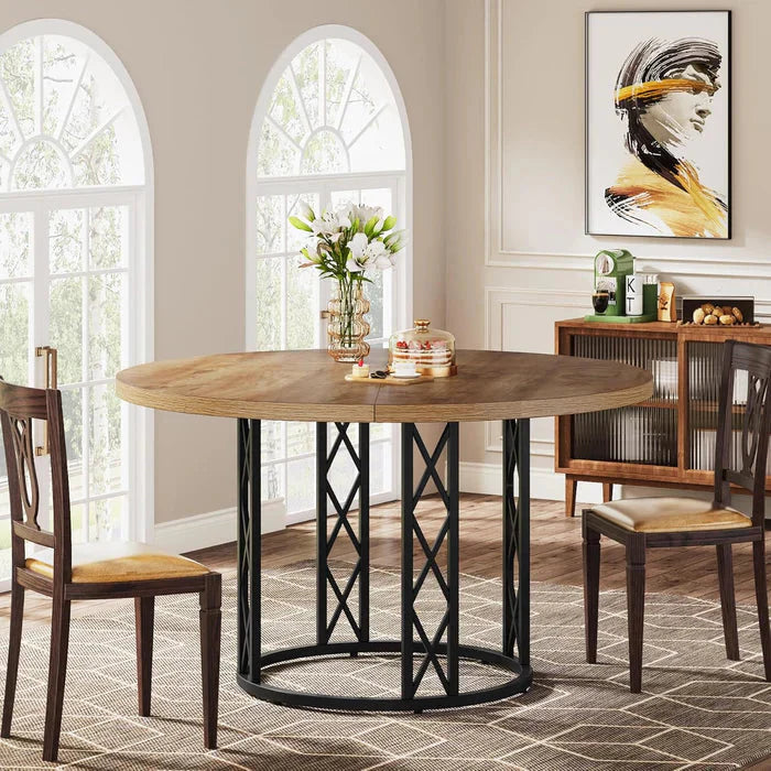 Industrial Round Dining Table - Rustic Wood Top with X-Frame Metal Pedestal