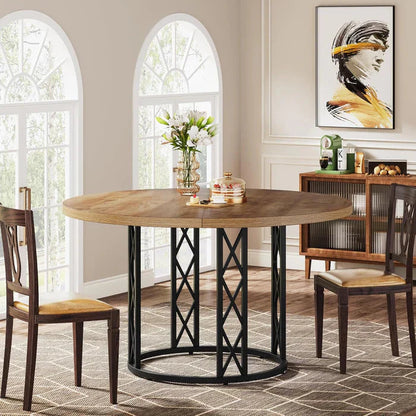Industrial Round Dining Table - Rustic Wood Top with X-Frame Metal Pedestal