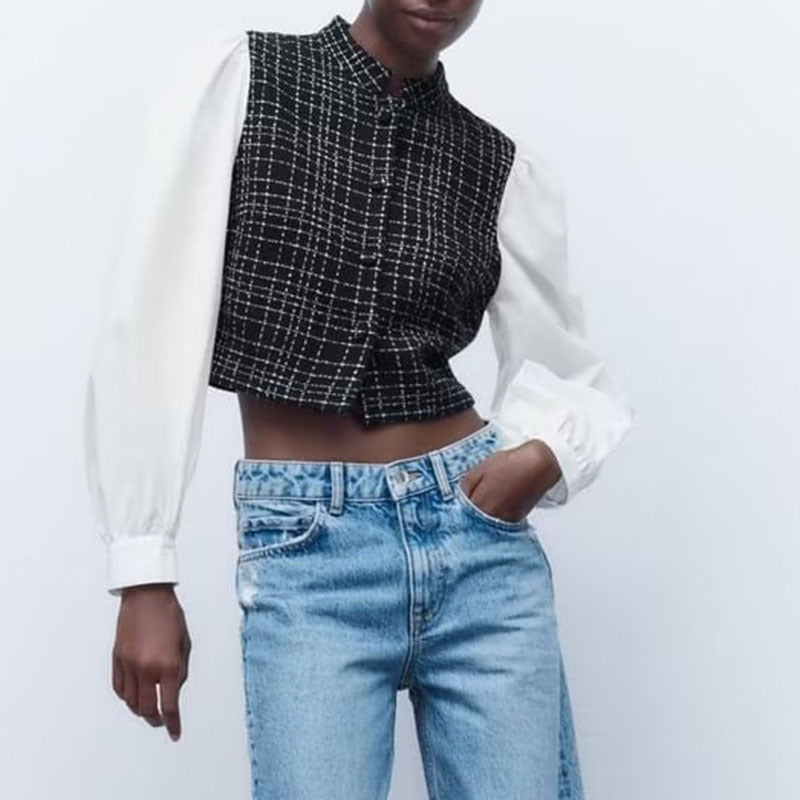 Women's Black And White Long Sleeved Patchwork Shirt