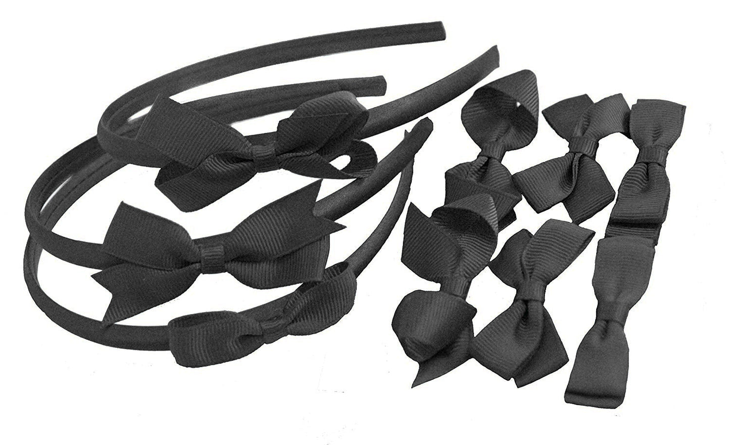 Black 9 Set Headband and Clips Girls Kids Small Hair Bow Slides Gripes - School Uniform Colours Grosgrain Ribbon alice band