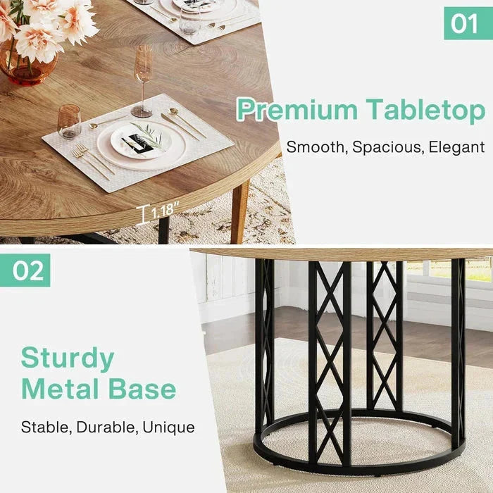 Industrial Round Dining Table - Rustic Wood Top with X-Frame Metal Pedestal