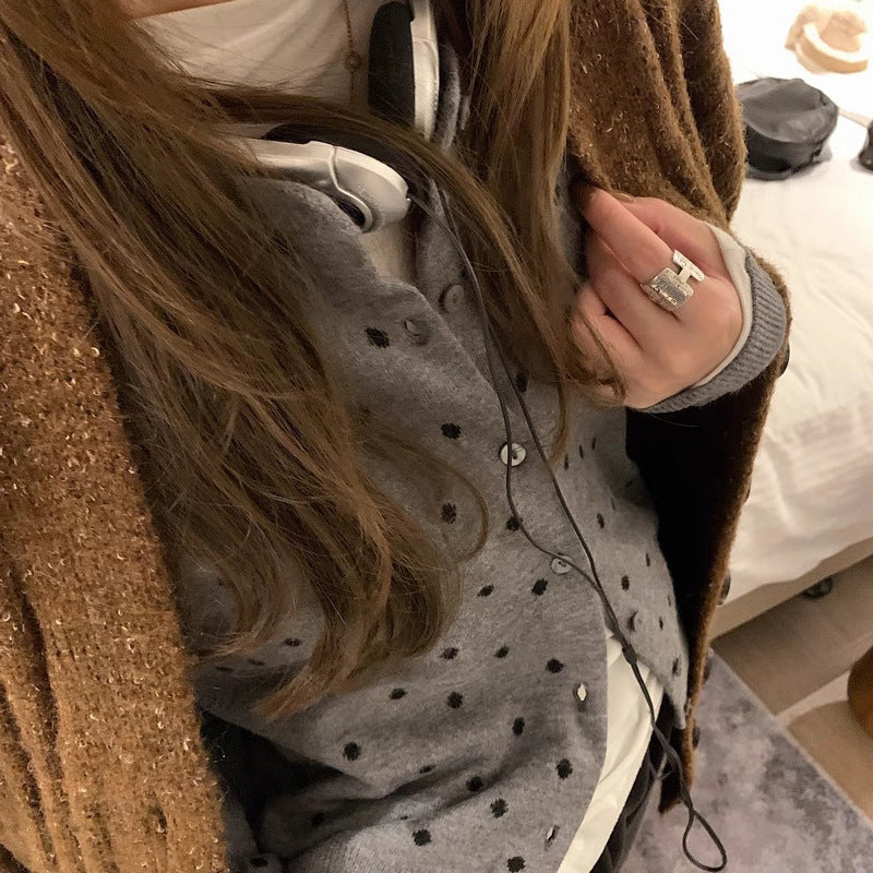 Women's Korean-style Gray Dot Knitted Cardigan Autumn Long-sleeved Top