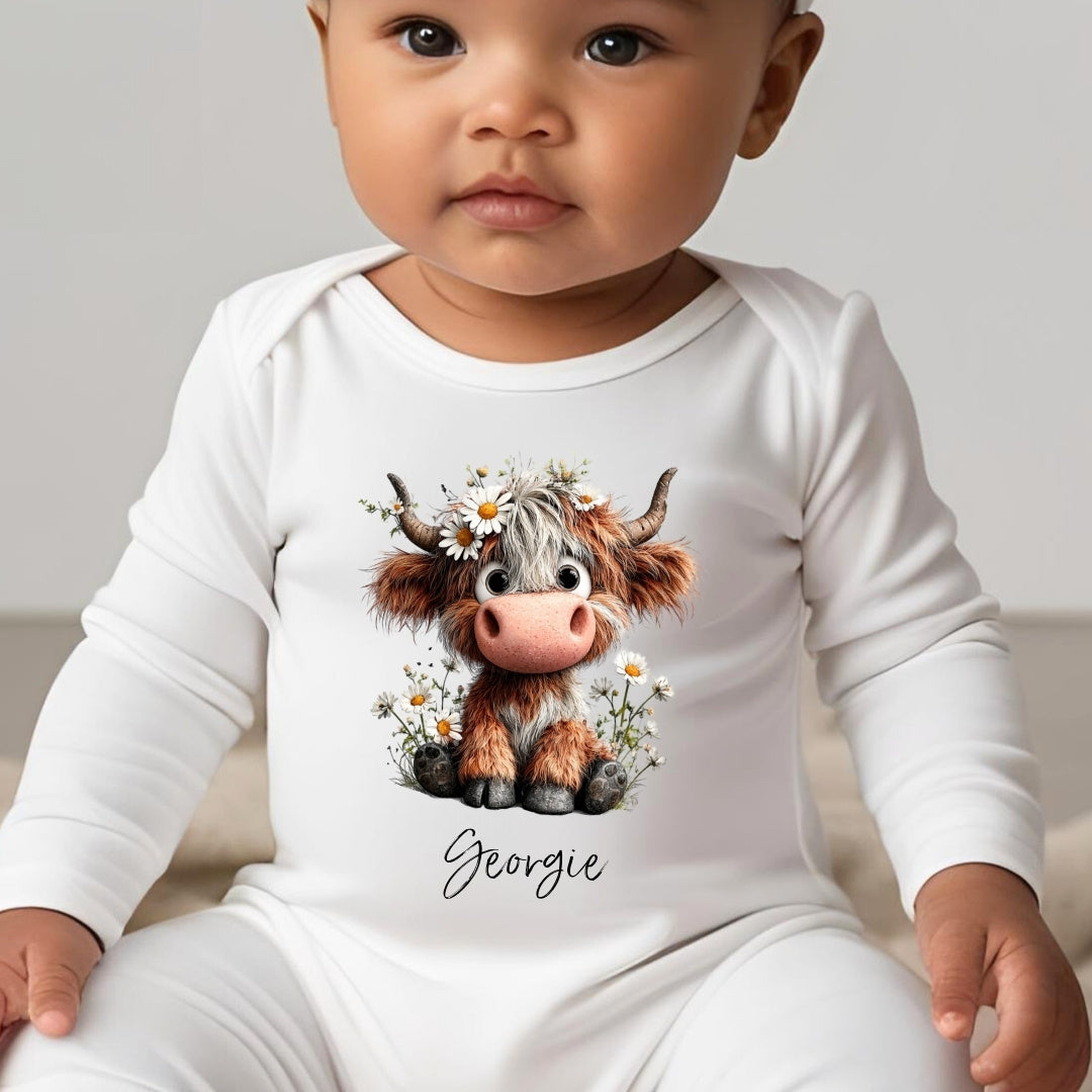 Personalised Daisy Highland Cow Baby Grow, Vest or Bib with Name