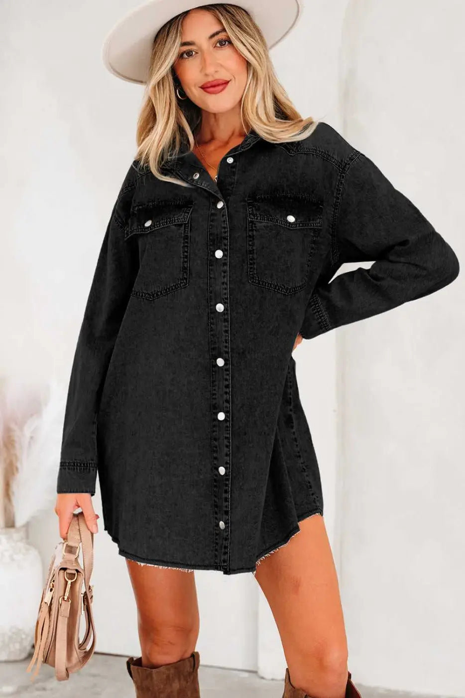 Raw Hem Oversized Denim Shirt Dress Women UK