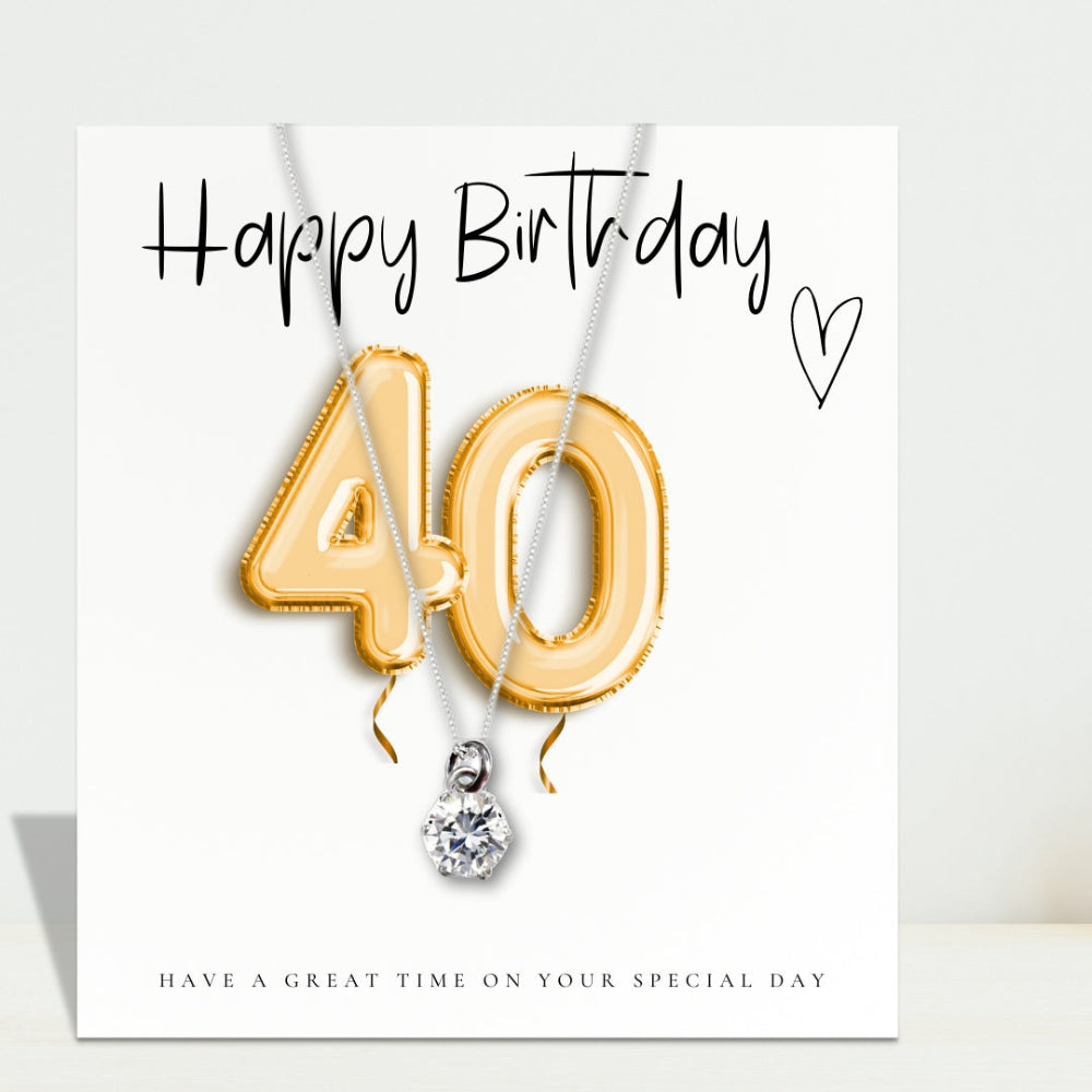 40th Birthday Cubic Zirconia Silver Necklace & Gold Balloons Mini Gift Hamper