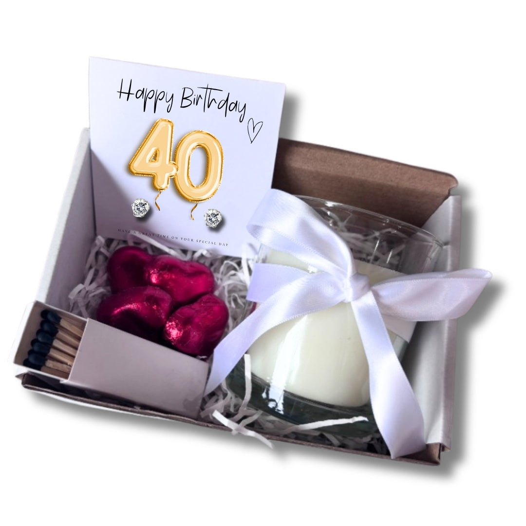 Small 40th Birthday Gold Balloon Gift Hamper Candle Earrings Chocolates