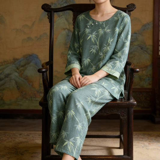 Jacquard Crew-Neck Pajama Set For Women Long-Sleeve Top And Long Pants