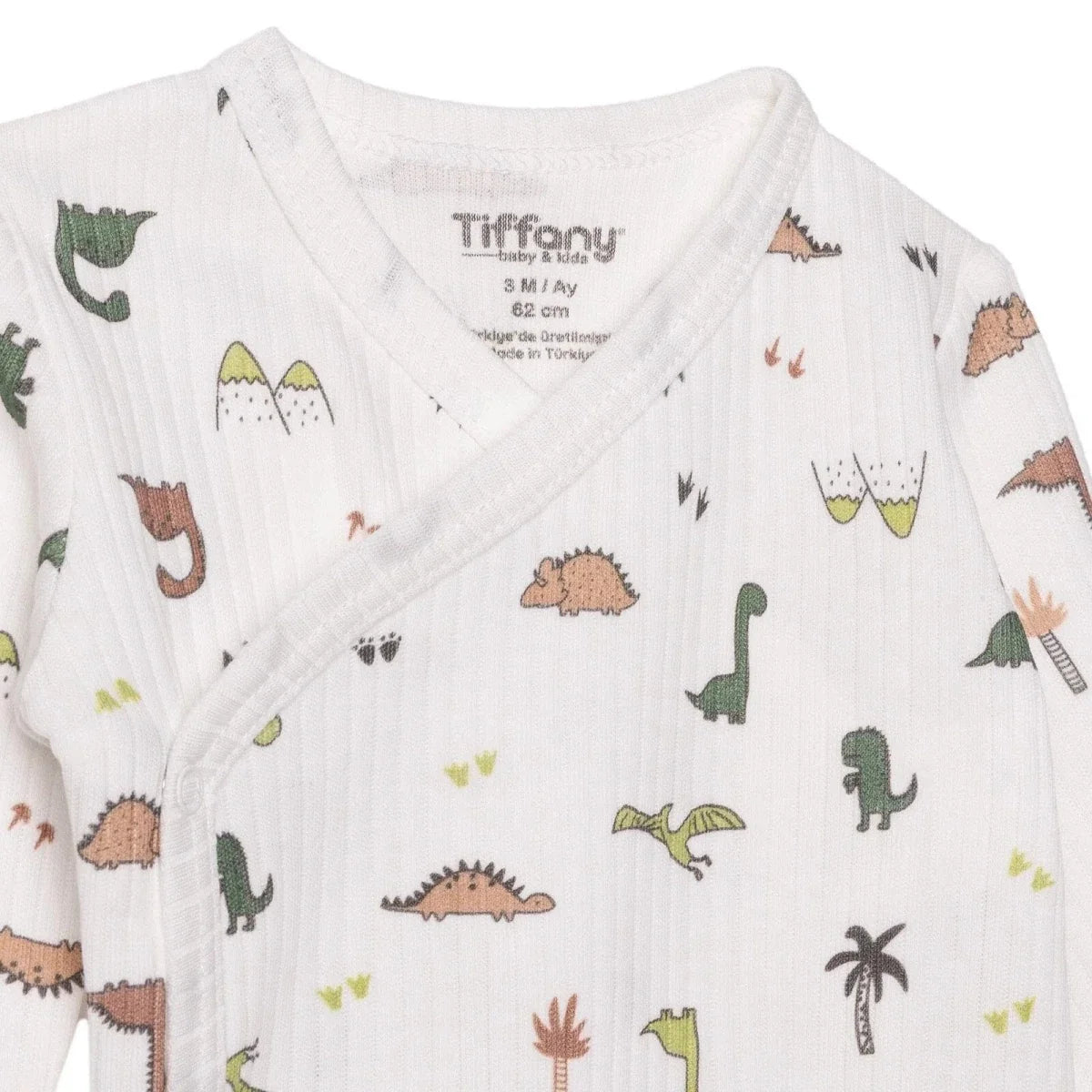 Tiffany Boys Bodysuit Dinosaur with Poppers V-Neck Long Sleeve - Ecru