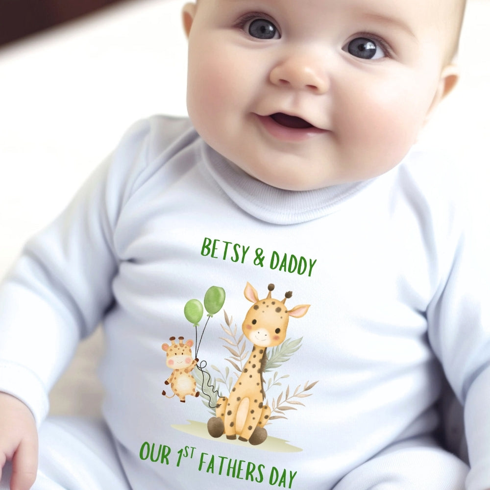 Personalised Our 1st Fathers Day Giraffe Baby Outfit: Bib, Vest, Baby Grow