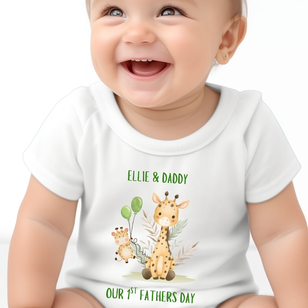 Personalised Our 1st Fathers Day Giraffe Baby Outfit: Bib, Vest, Baby Grow