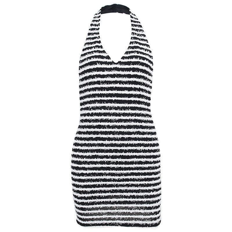 Women's Slim-fit Hip-wrapped Short Dress Black And White Knitted Backless