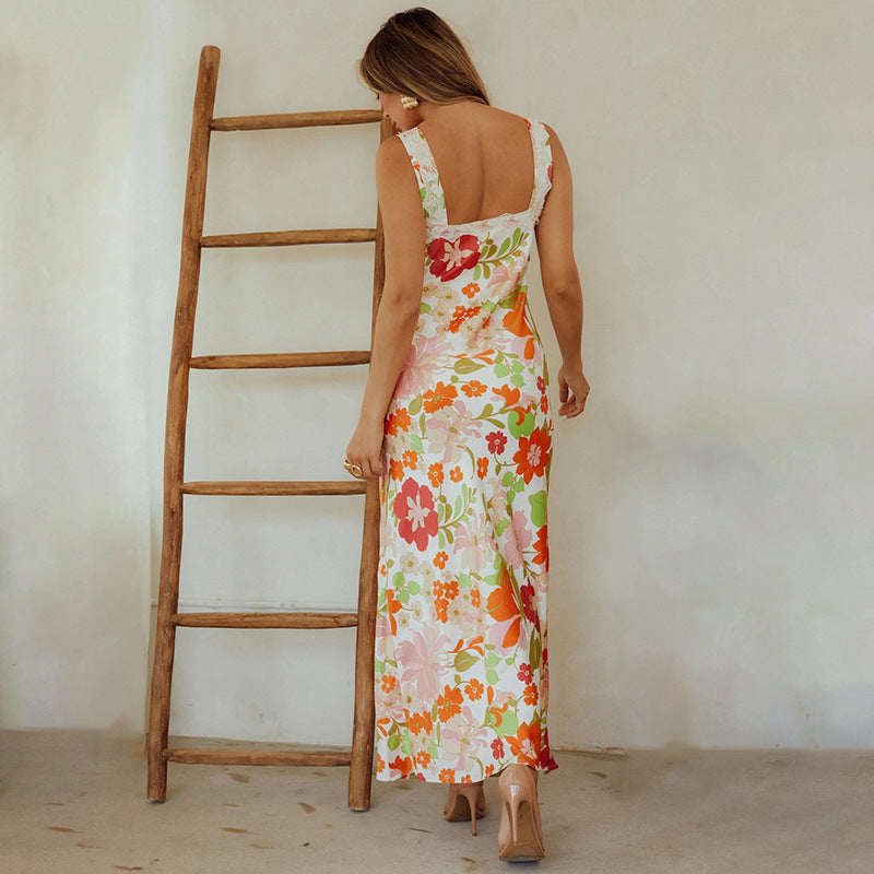 Women's Backless V-neck Printing Slip Dress
